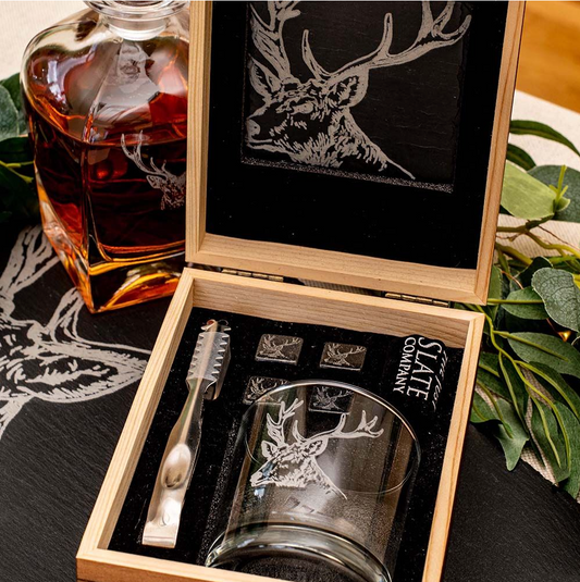 Whiskey Boxed Set: Glass Tumbler, Whiskey Stones, Slate Coaster & Ice Tongs